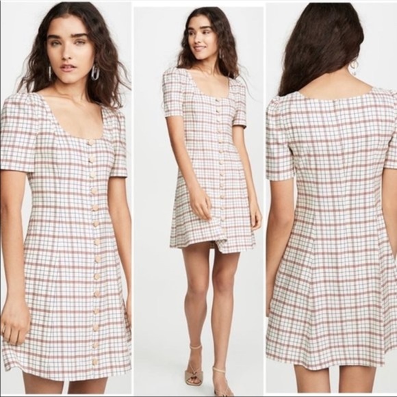 Nicholas Plaid Button Front Puff Sleeve Mini Dress Linen Blend Cream Red Size 2 - Picture 12 of 12